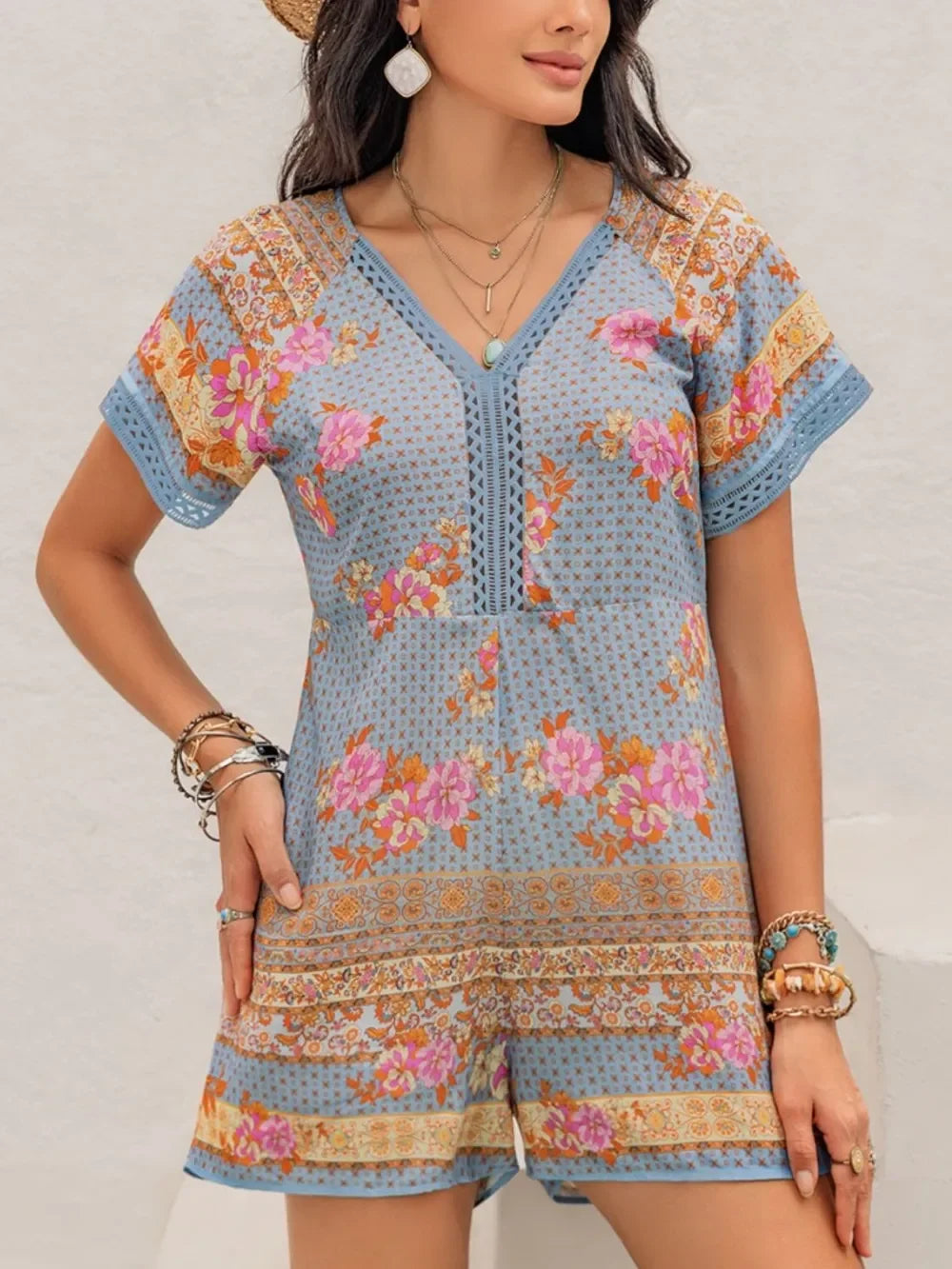 Printed V-Neck Short Sleeve Romper With Cutout - Southern Shores Clothing