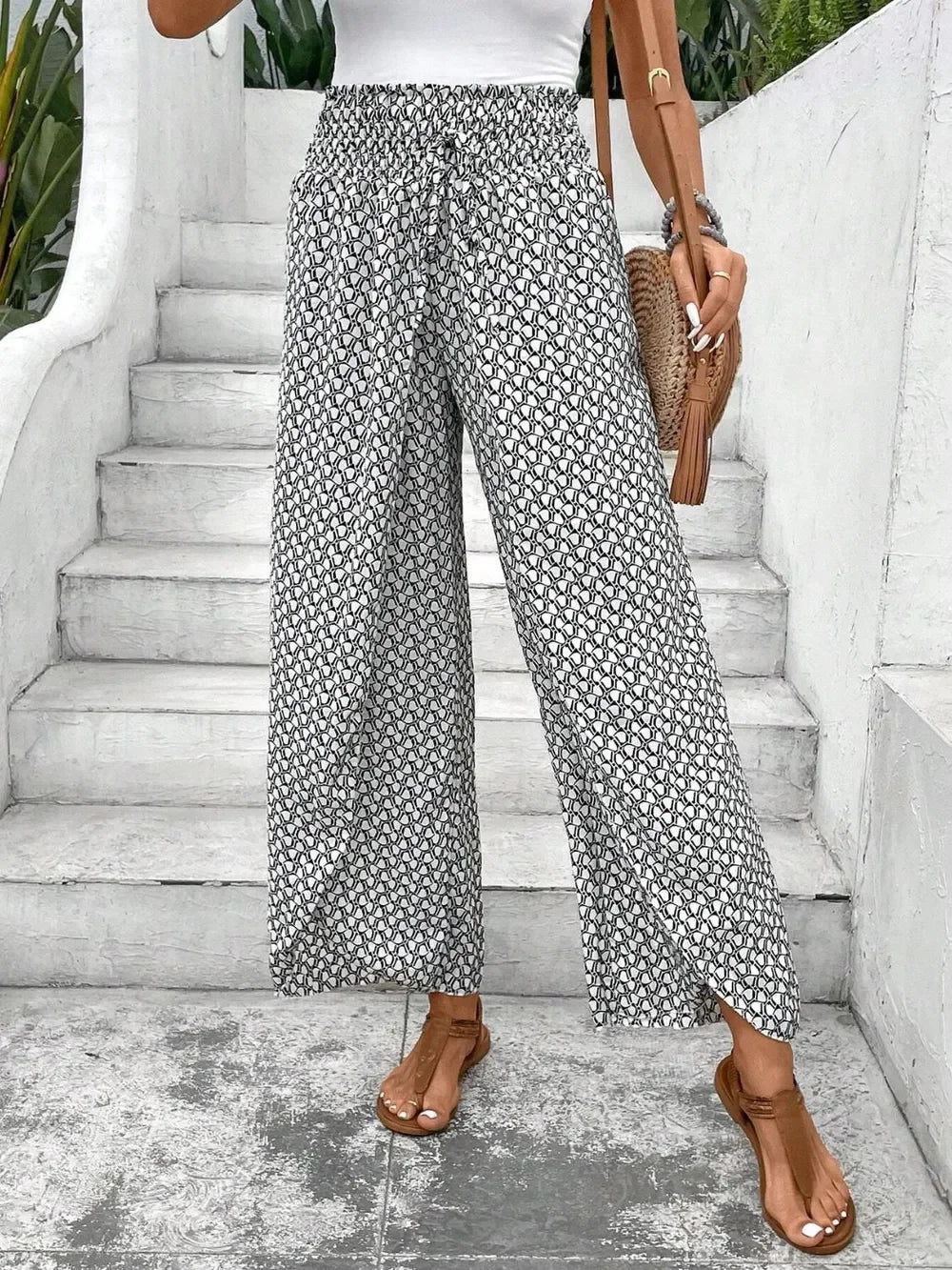Floral Print Tie-Waist Wide Leg Pants With Front Slit Detail - Southern Shores Clothing