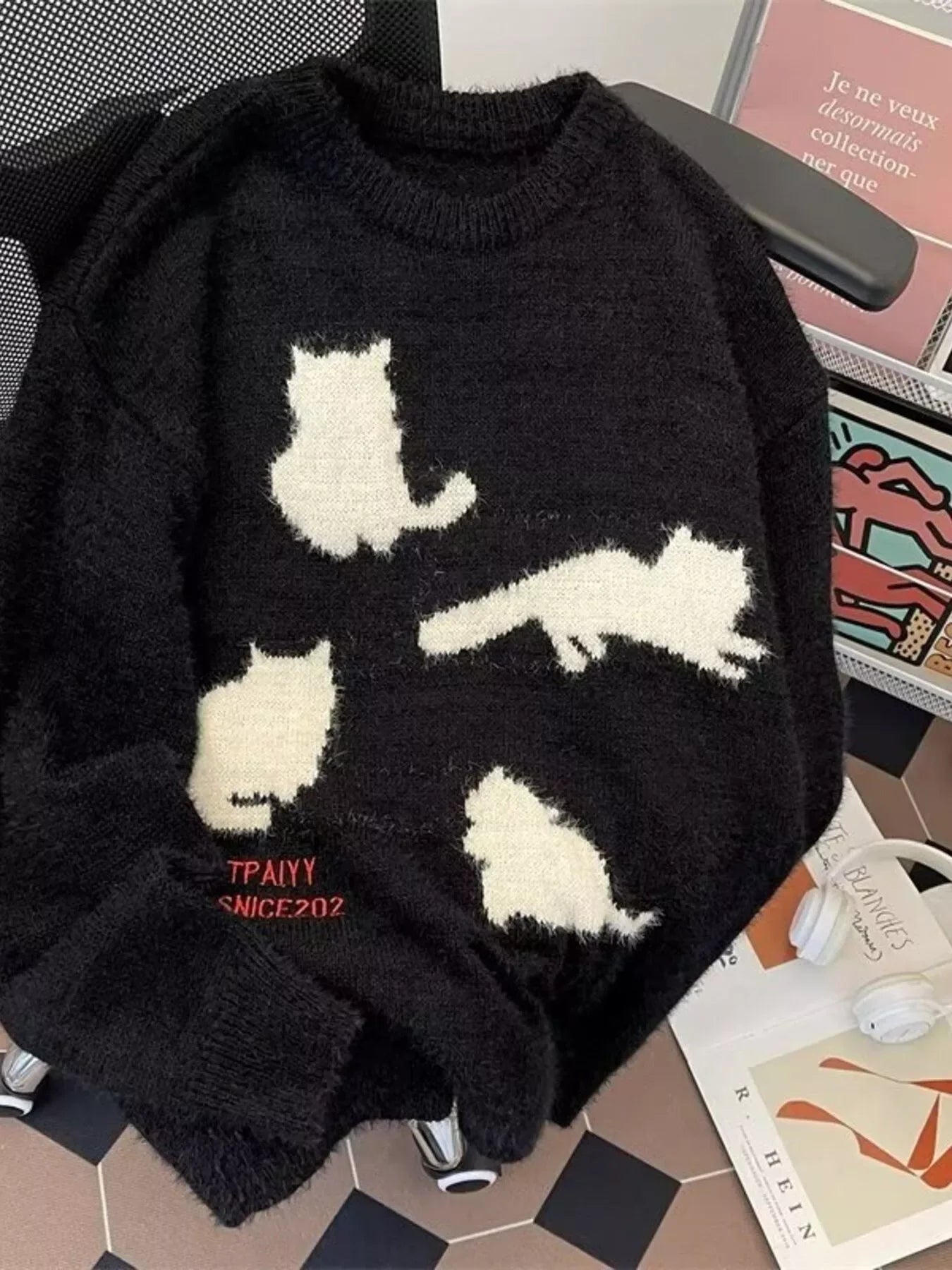 Plus Size Cat Pattern Knitted Pullover Cozy Knitwear - Southern Shores Clothing
