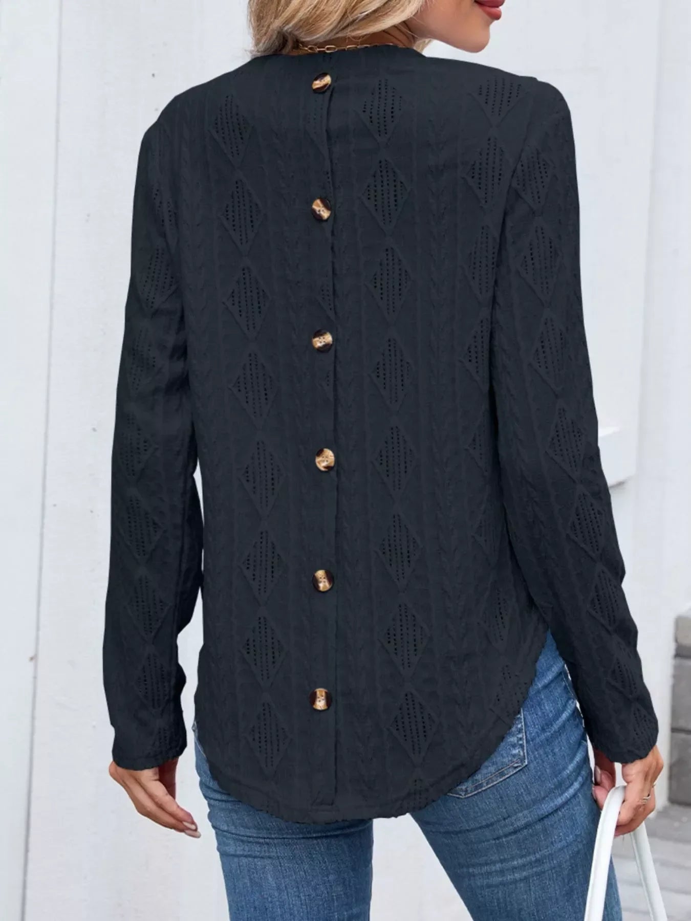 Openwork Textured Long Sleeve Top - Southern Shores Clothing