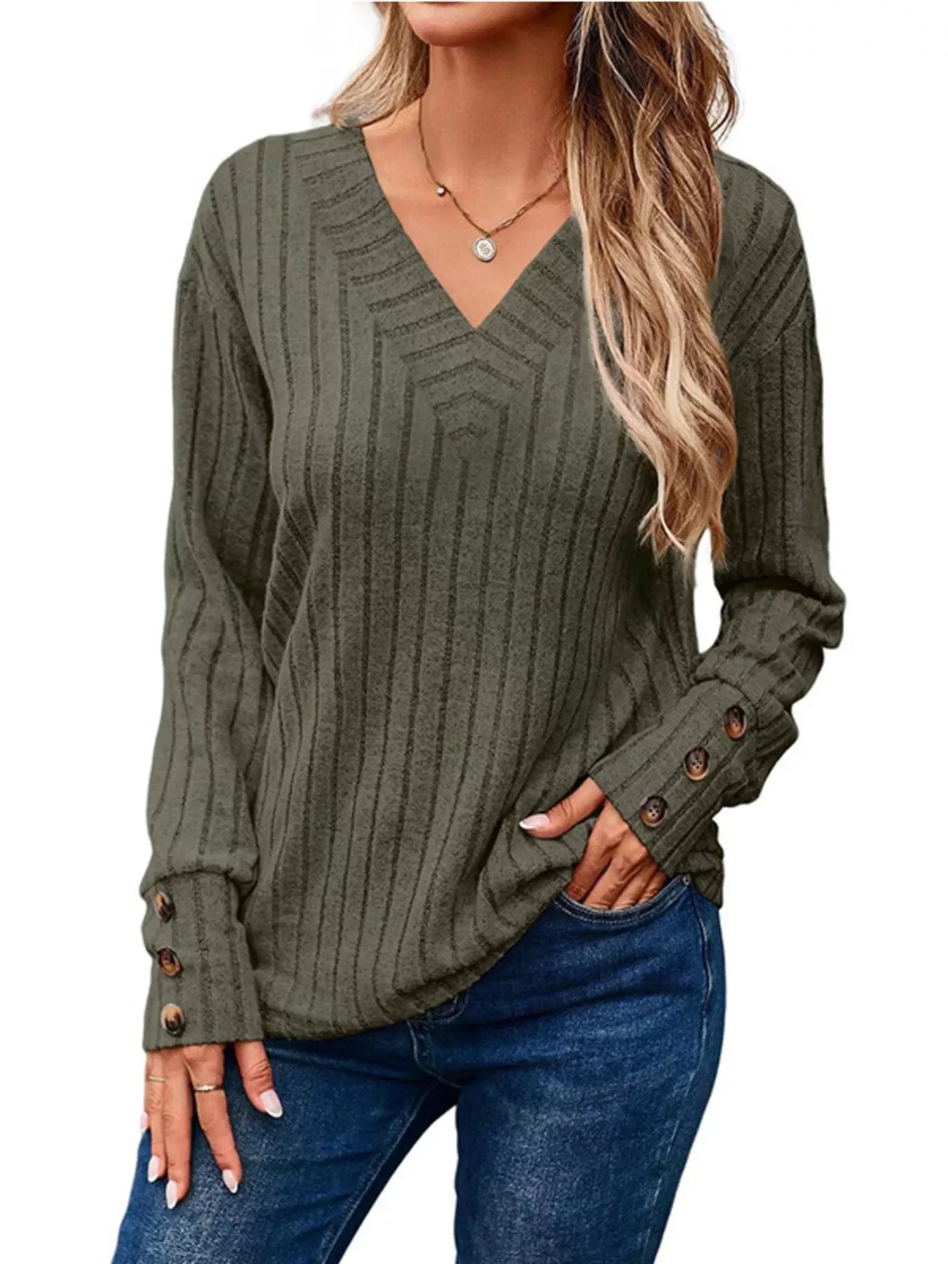 Ribbed V-Neck Long Sleeve Buttoned Stretchy Top - Southern Shores Clothing