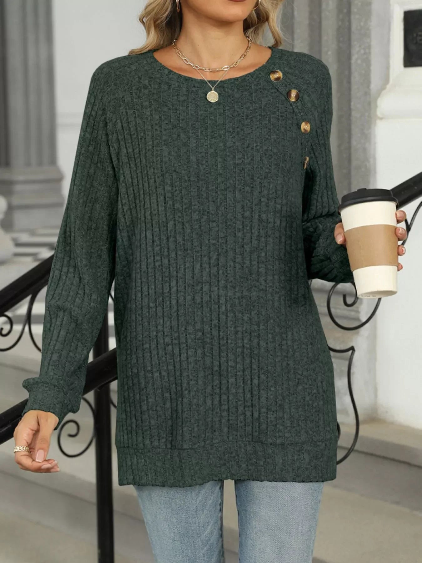 Round Neck Side Slit Ribbed Knit Top with Asymmetric Button Detail - Southern Shores Clothing