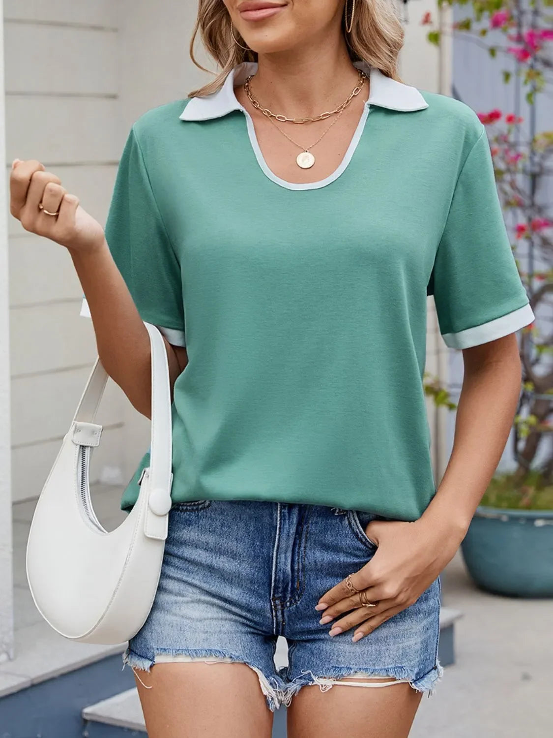 Contrast Trim Collar Short Sleeve Casual T-Shirt - Southern Shores Clothing