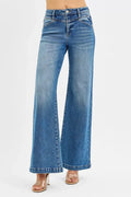 High Rise Wide Leg Denim Jeans With Heart Back Pocket