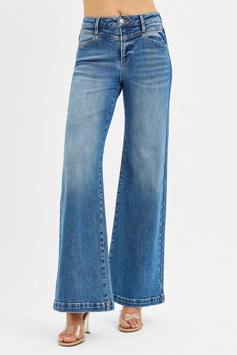 Beachside Risen High Rise Wide Leg Jeans with Heart Back Pocket
