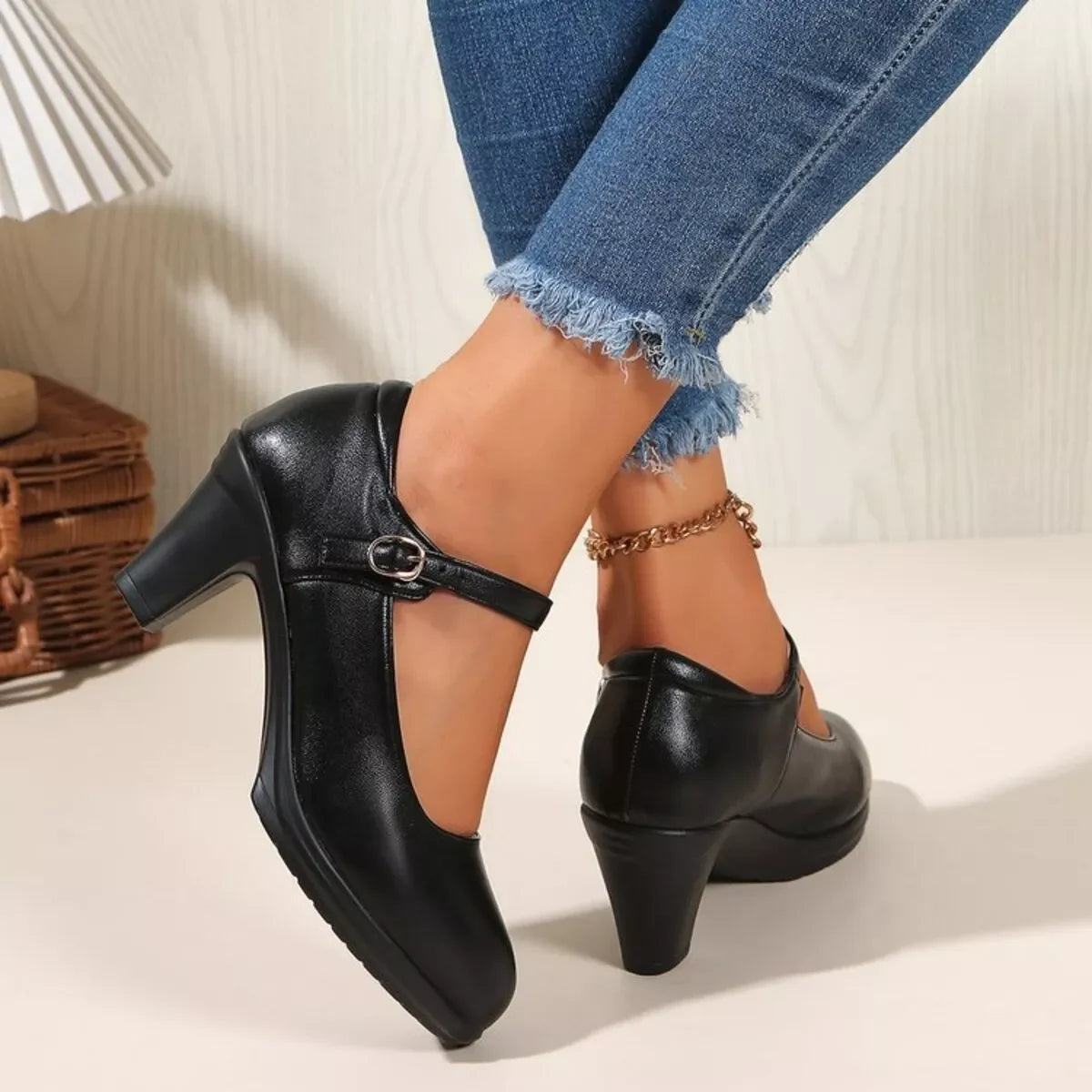 Elegant Mid Heel Buckle Block Heel Pumps