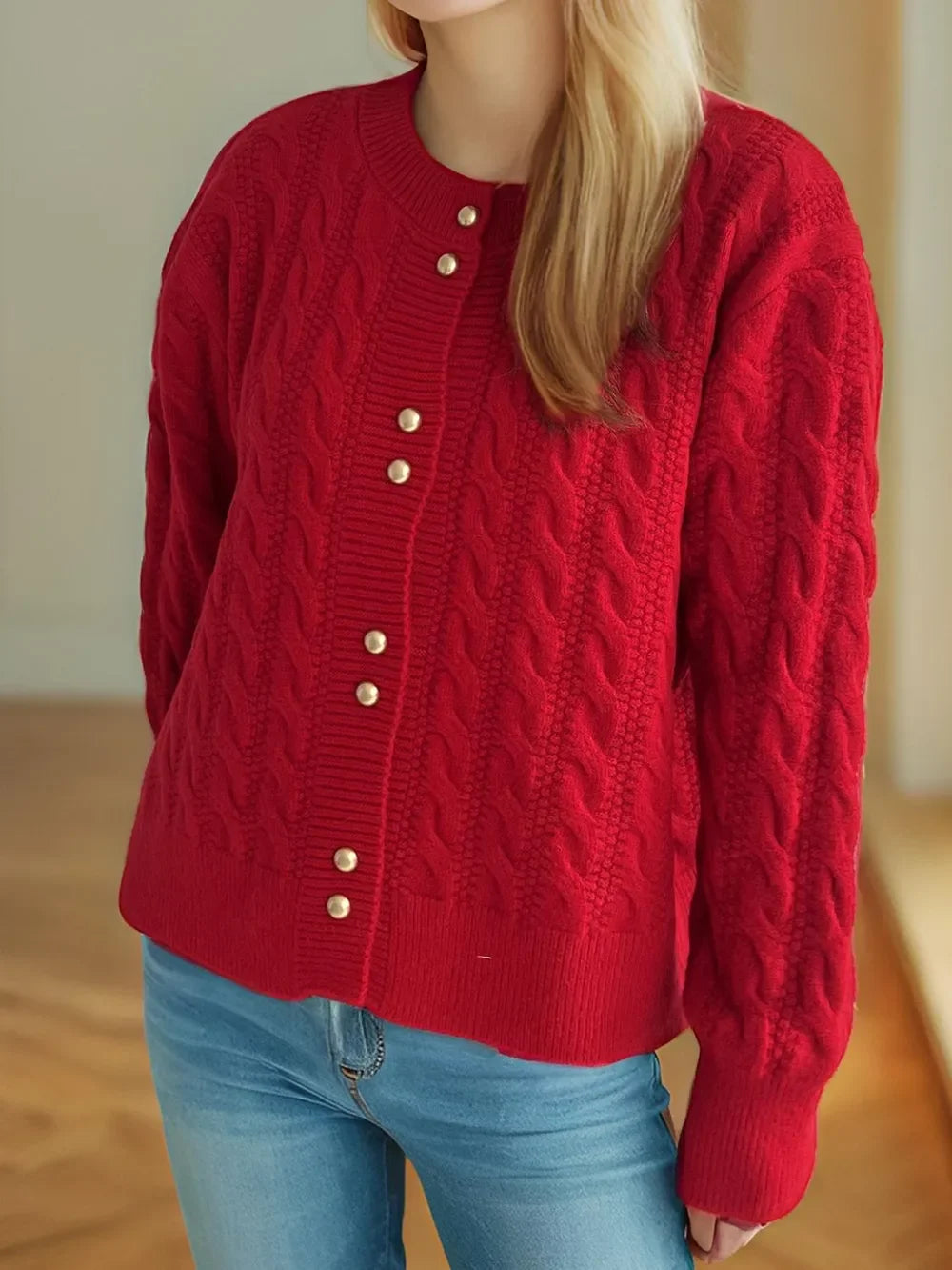 Cable-Knit Round-Neck Long Sleeve Cardigan Buttoned - Southern Shores Clothing
