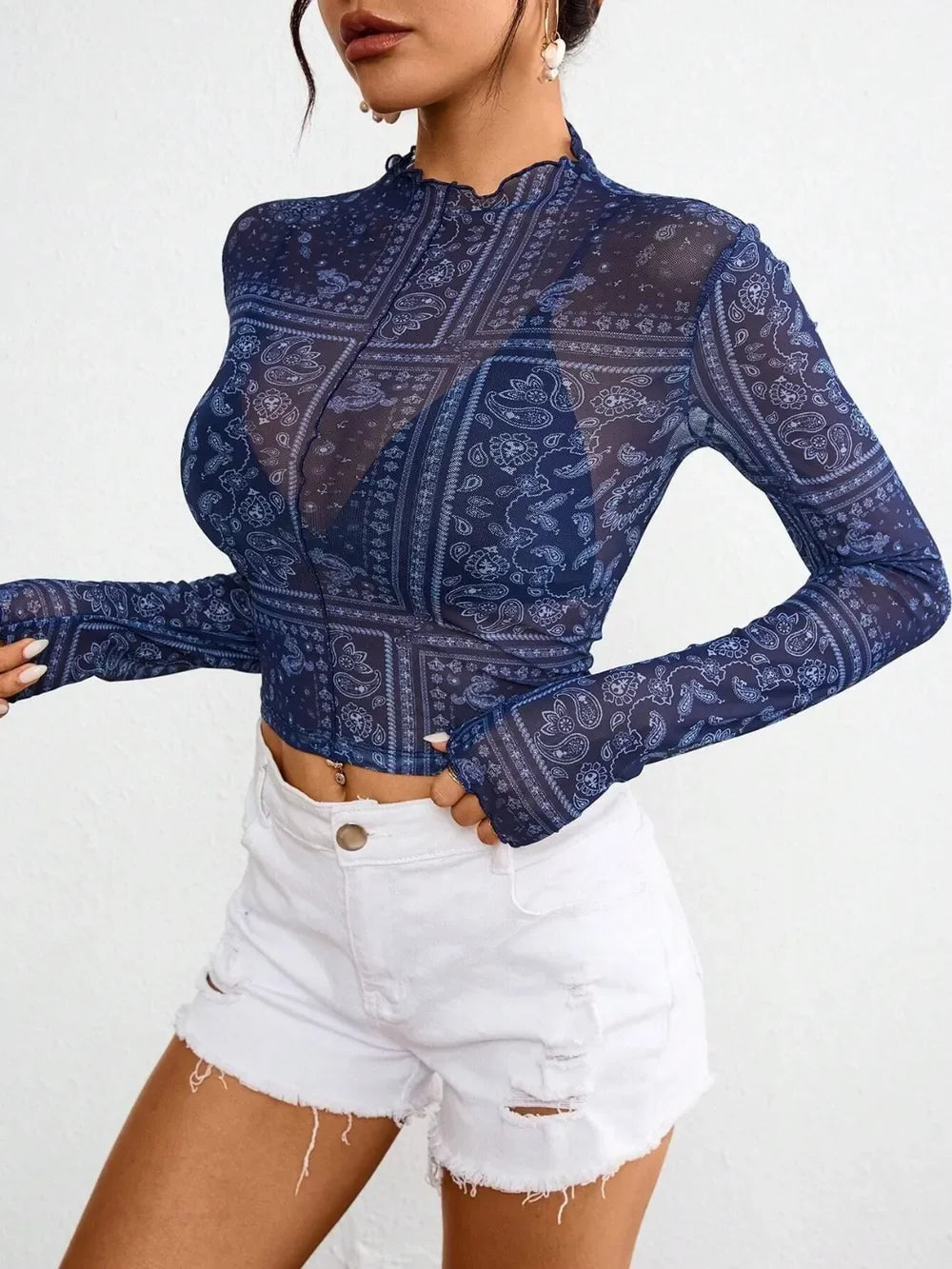 Paisley Mock Neck Long Sleeve Sheer Top With Stretch Fit - Southern Shores Clothing