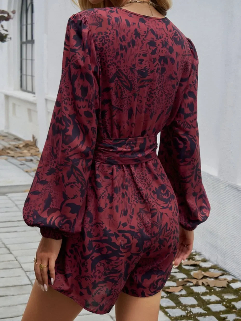 Tied Surplice Long Sleeve Romper With Sheer Detail - Southern Shores Clothing