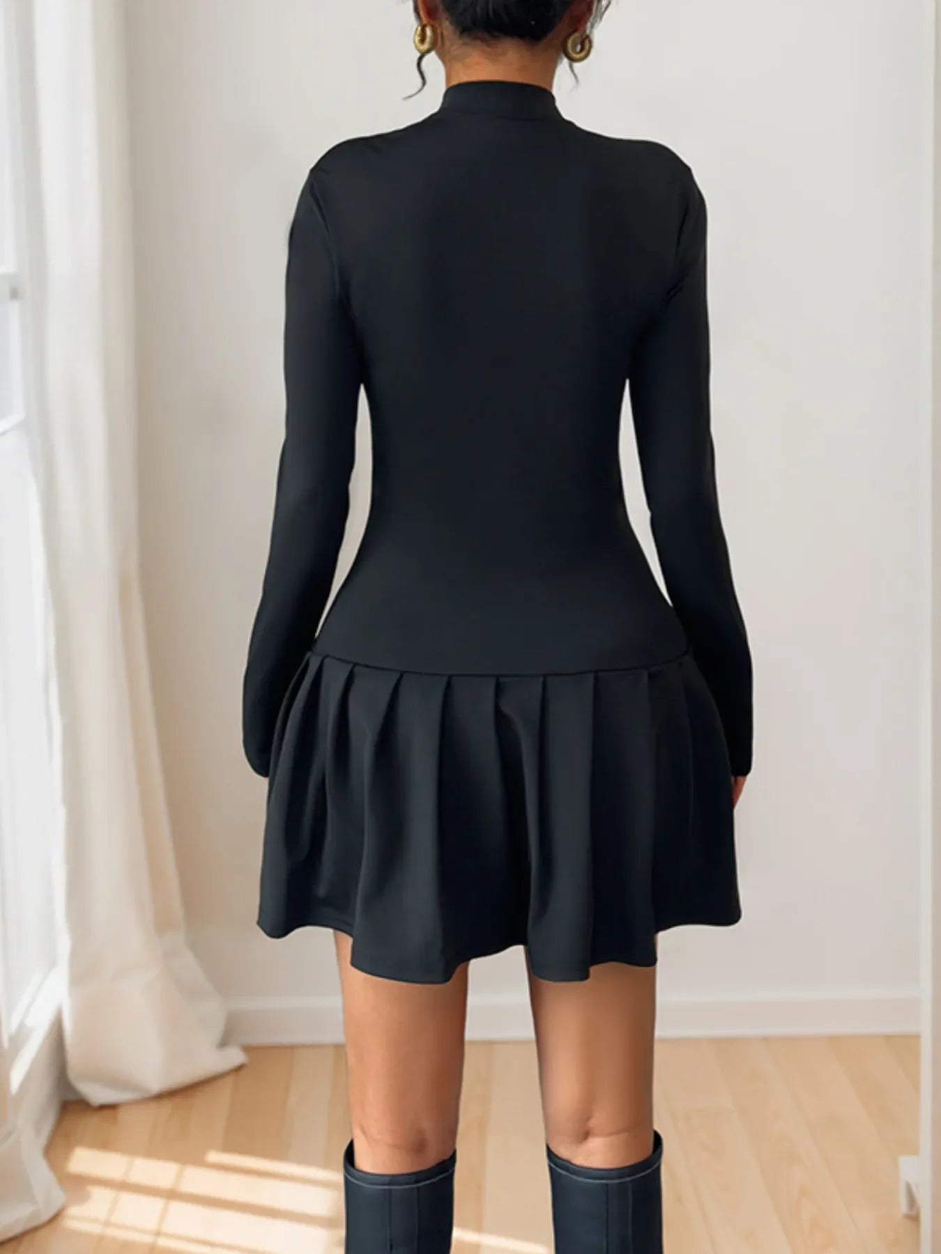 Decorative Button Mock Neck Long Sleeve Mini Dress - Southern Shores Clothing