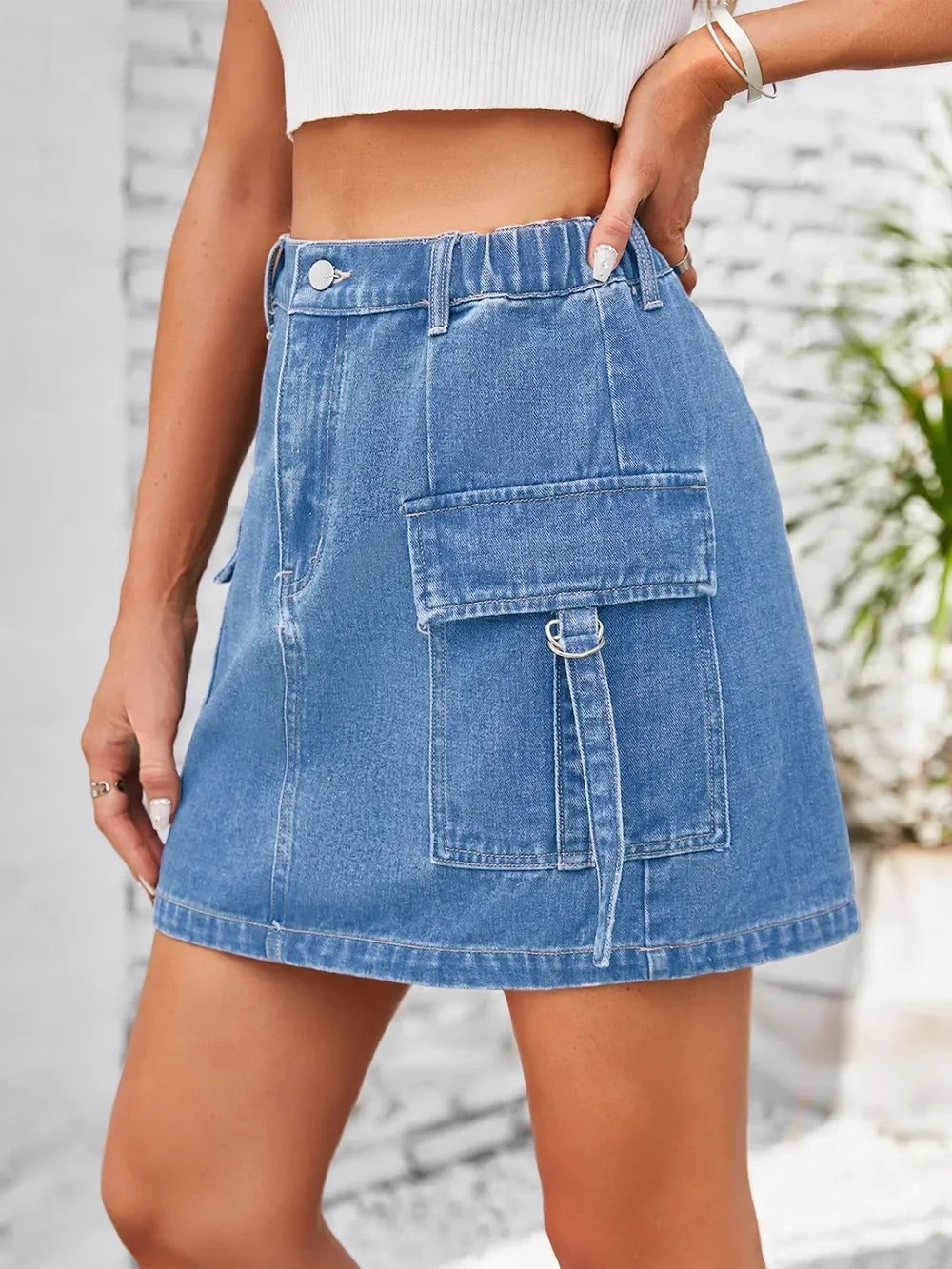 Casual Pocketed Buttoned Denim Skirt With Pockets - Southern Shores Clothing