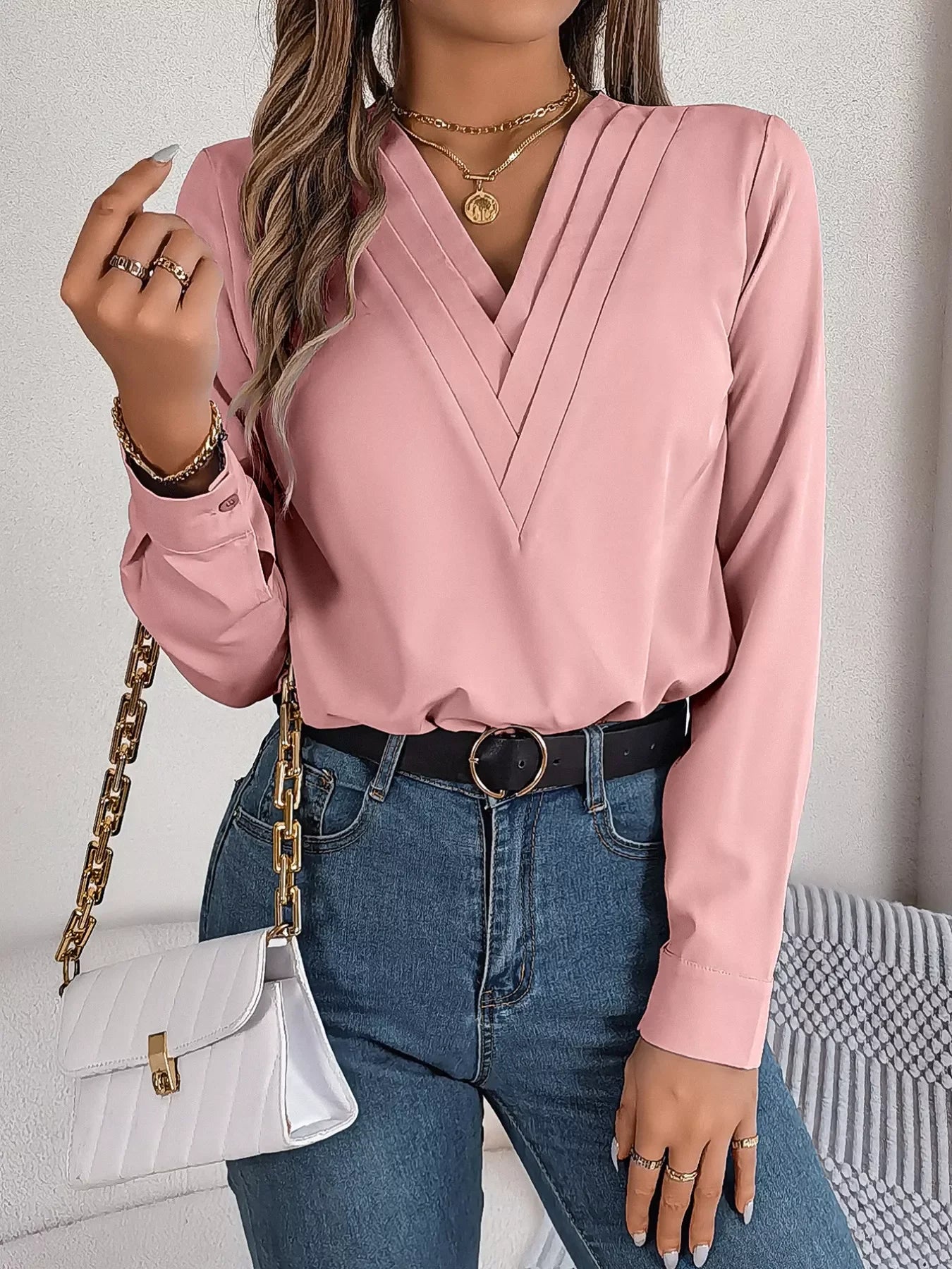 Layered V-Neck Long Sleeve Polyester Blouse - Southern Shores Clothing