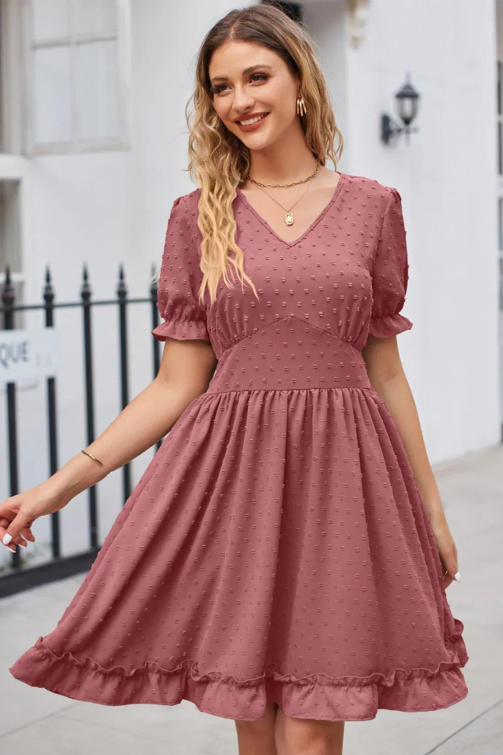 Swiss Dot Frill Trim Flounce Sleeve V Neck Dress - Southern Shores Clothing