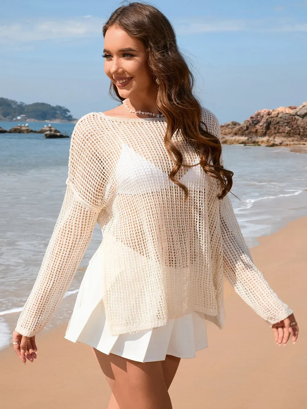 Openwork Slit Boat Neck Long Sleeve Cover-Up - Southern Shores Clothing