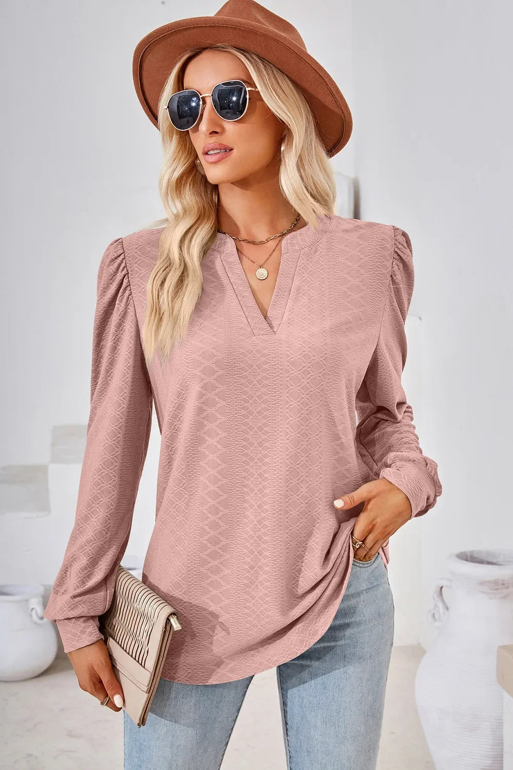Notched Long Sleeve Top With Slightly Stretchy Fit - Southern Shores Clothing
