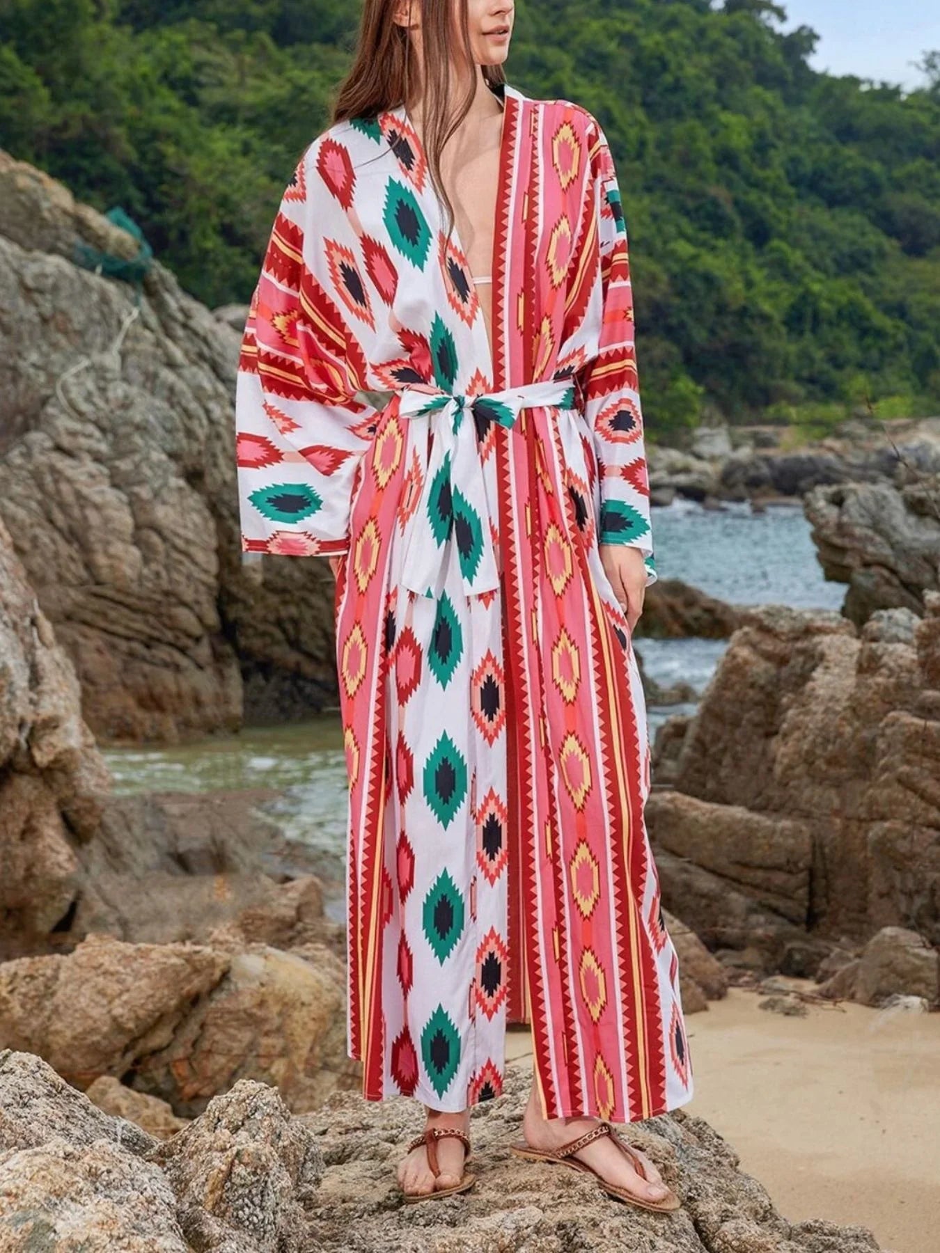 Boho Print Long Sleeve Cover Up Tie Waist Relaxed Fit Silhouette - Southern Shores Clothing