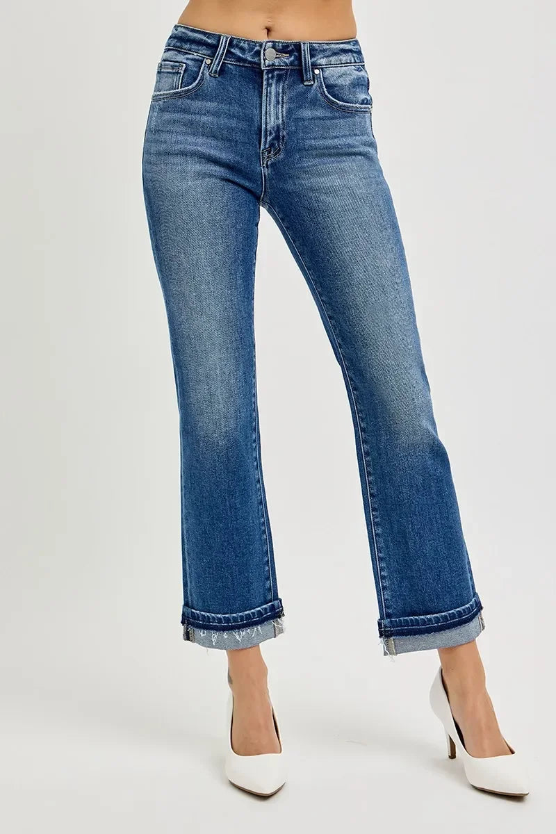 Mid Rise Straight Cuffed Ankle Jeans With Stretch Denim - Southern Shores Clothing