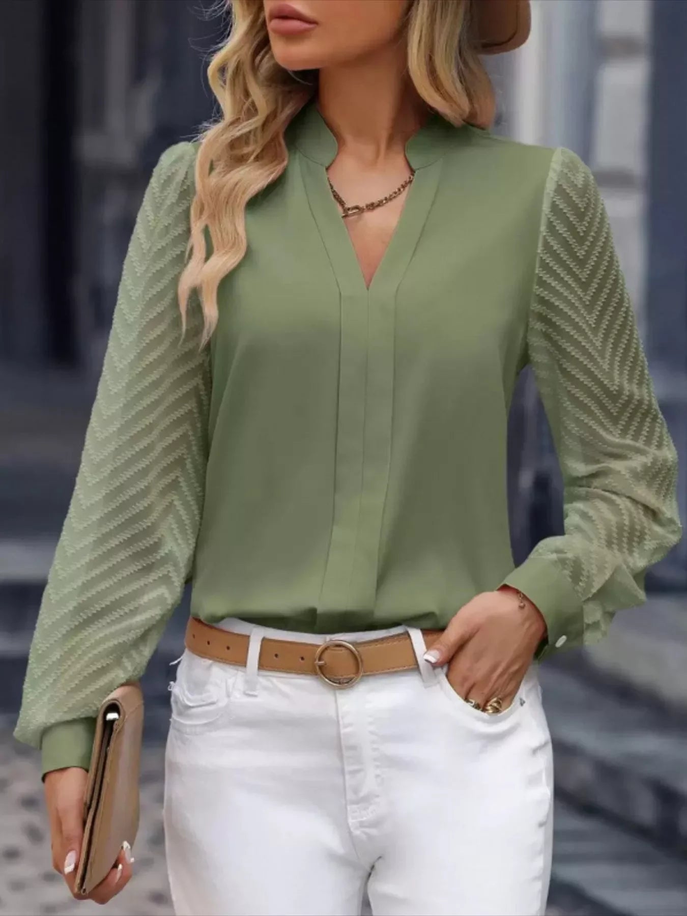Southern Shores Clothing Notched Long Sleeve Blouse In 95 Percent Polyester And 5 Percent Spandex - Southern Shores Clothing