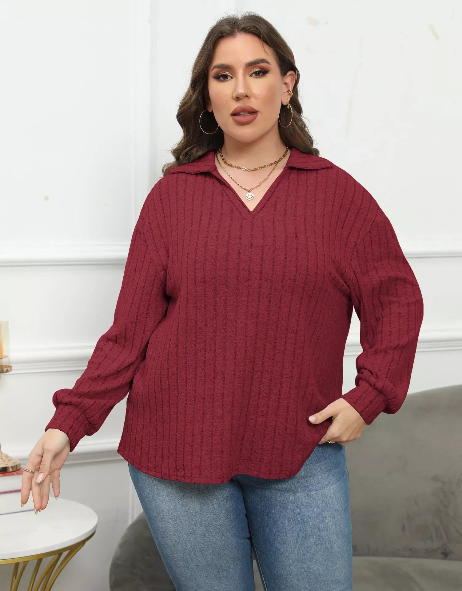 Plus Size Ribbed Knit Polo Collar T Shirt - Southern Shores Clothing