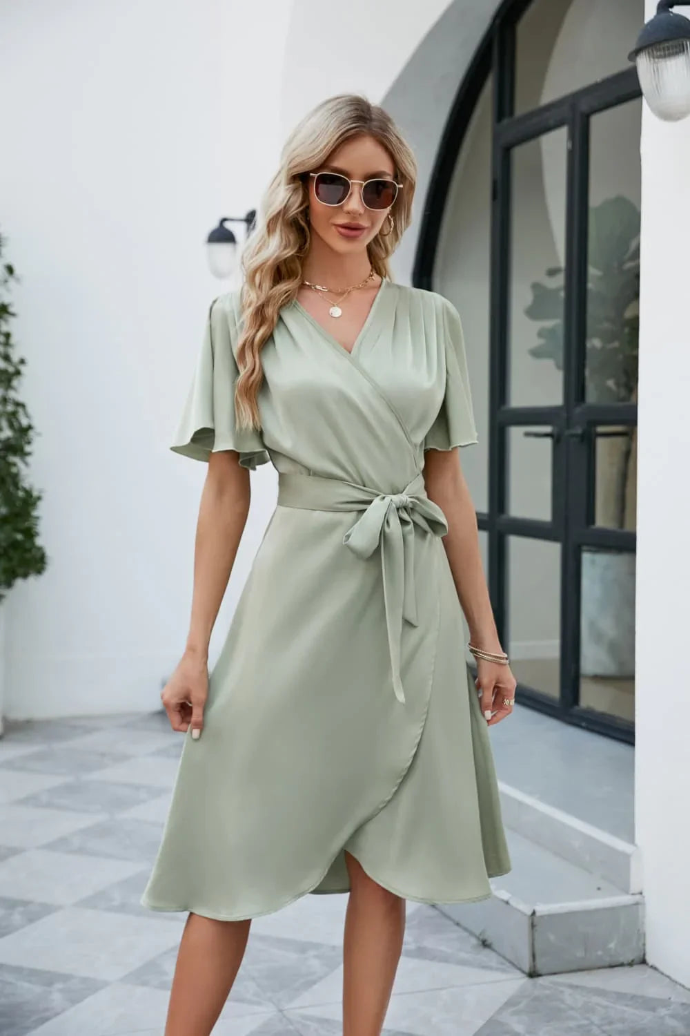 Tie Waist Flutter Sleeve Surplice Dress - Southern Shores Clothing