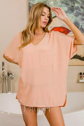 Woven V-Neck Boxy Top With Front Pocket Hi-Low Hem - Southern Shores Clothing