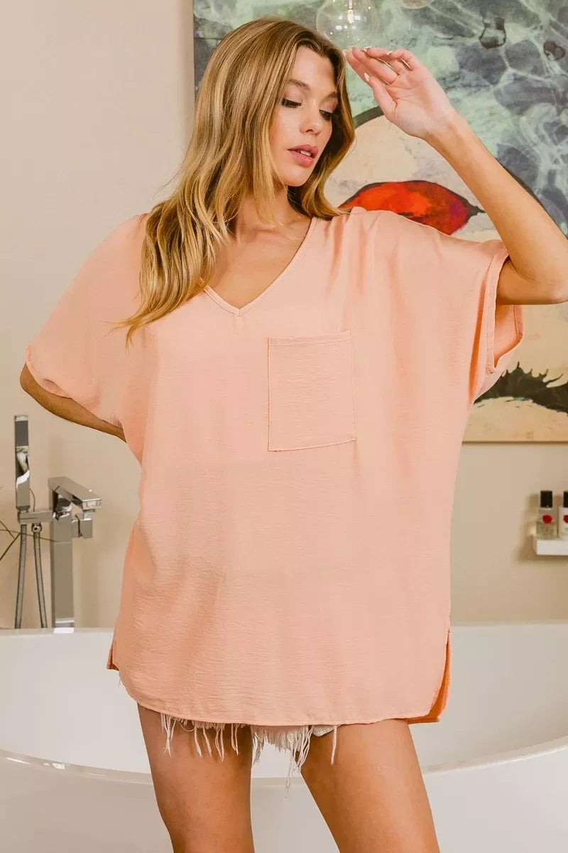 Woven V-Neck Boxy Top With Front Pocket Hi-Low Hem - Southern Shores Clothing