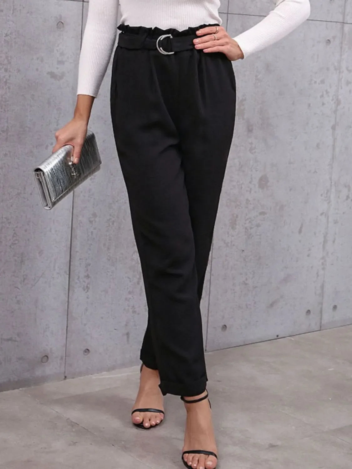 Pocketed Belted Paper Bag Waist Pants Casual - Southern Shores Clothing