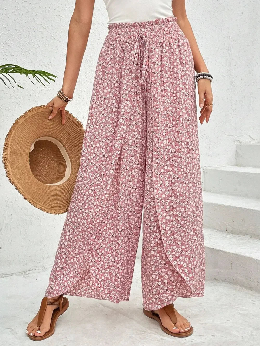 Floral Print Tie-Waist Wide Leg Pants With Front Slit Detail - Southern Shores Clothing
