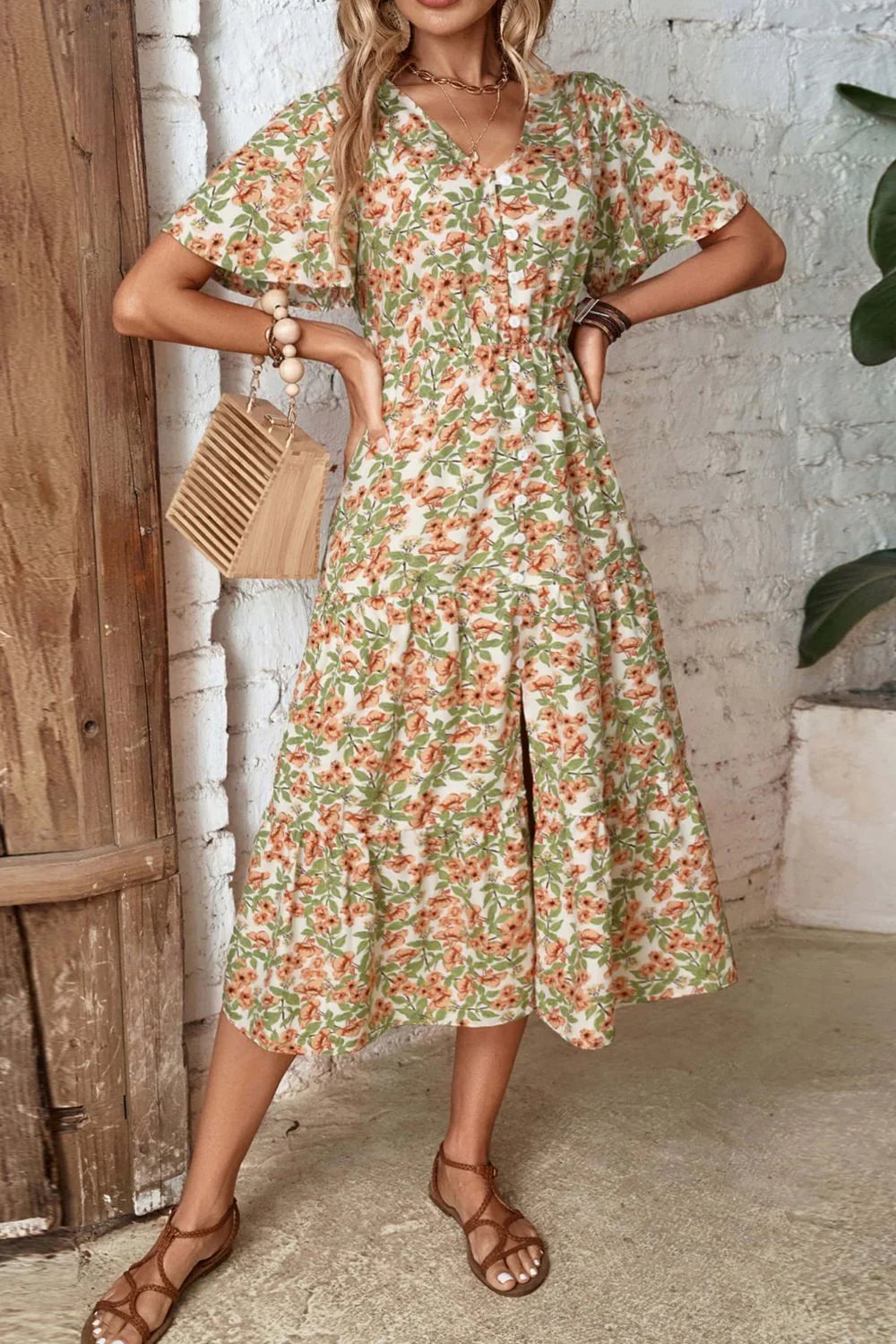Perfee Floral V-Neck Front Slit Dress - Southern Shores Clothing