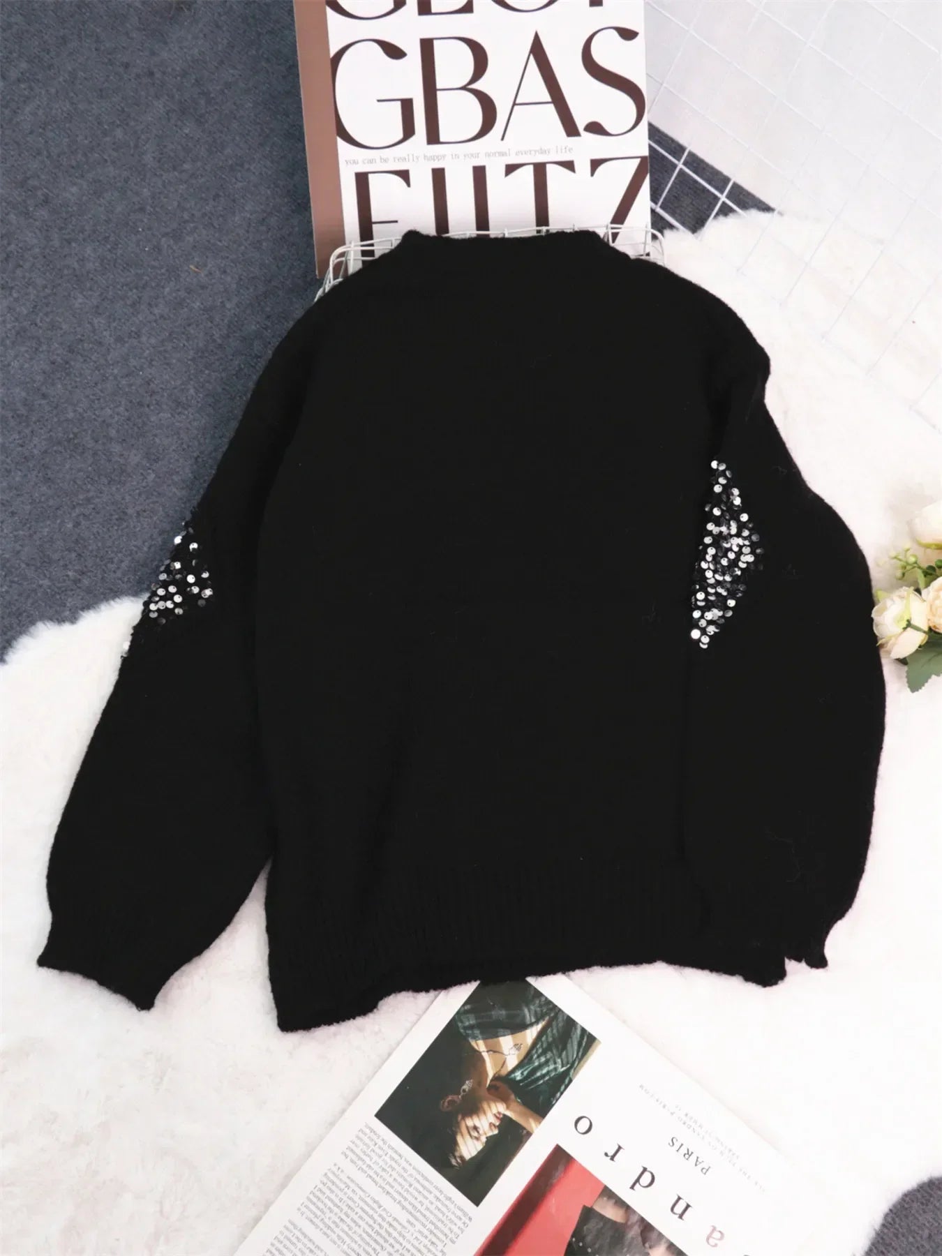 Sequined Diamond Pattern Oversized Sweater - Southern Shores Clothing