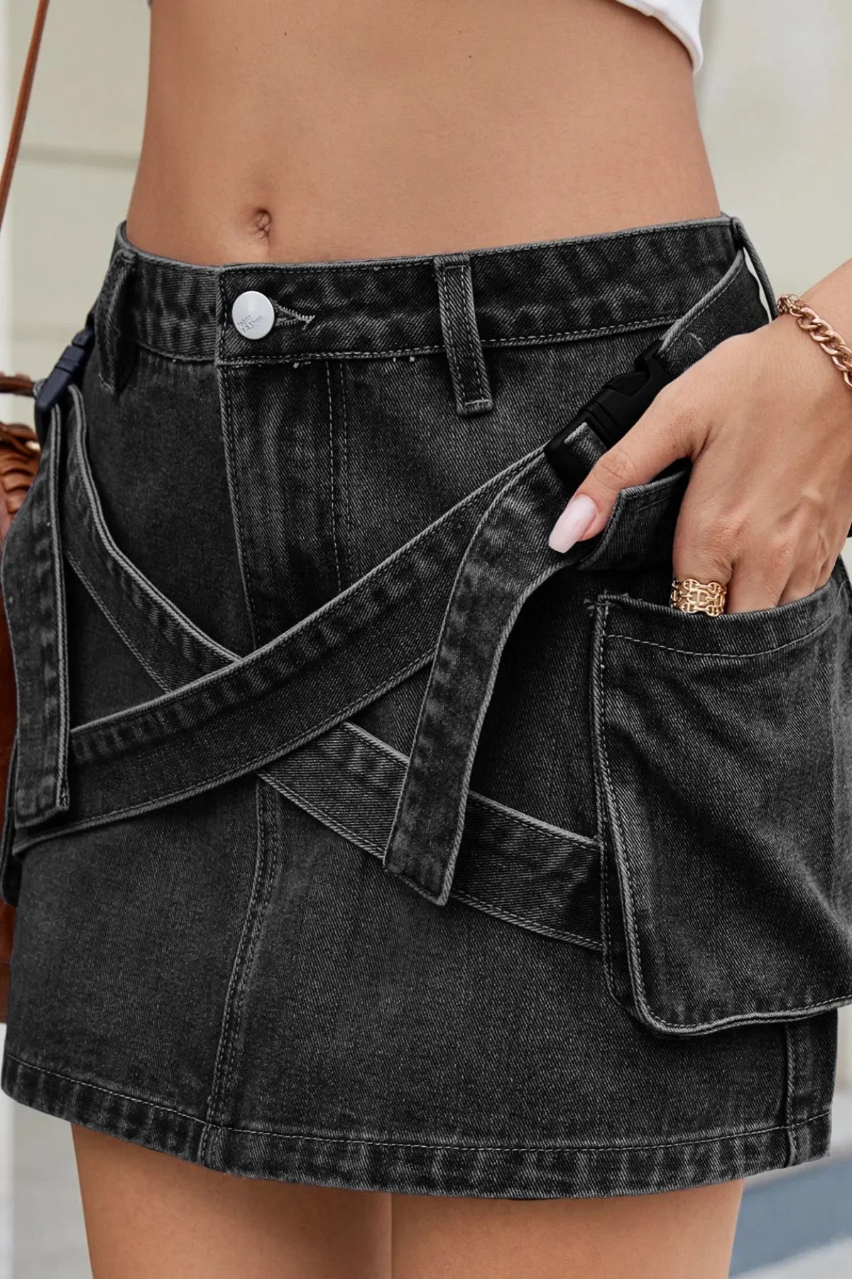 Denim Mini Skirt With Criss-Cross Waist Detail - Southern Shores Clothing