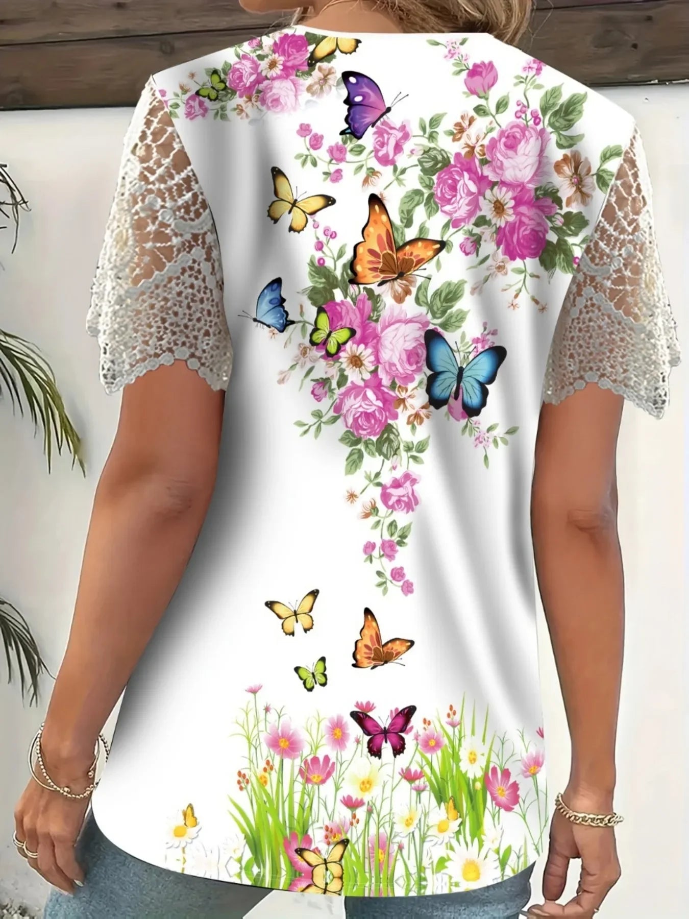 Full Size Printed Lace Sleeve V-Neck T-Shirt Plus Size - Southern Shores Clothing