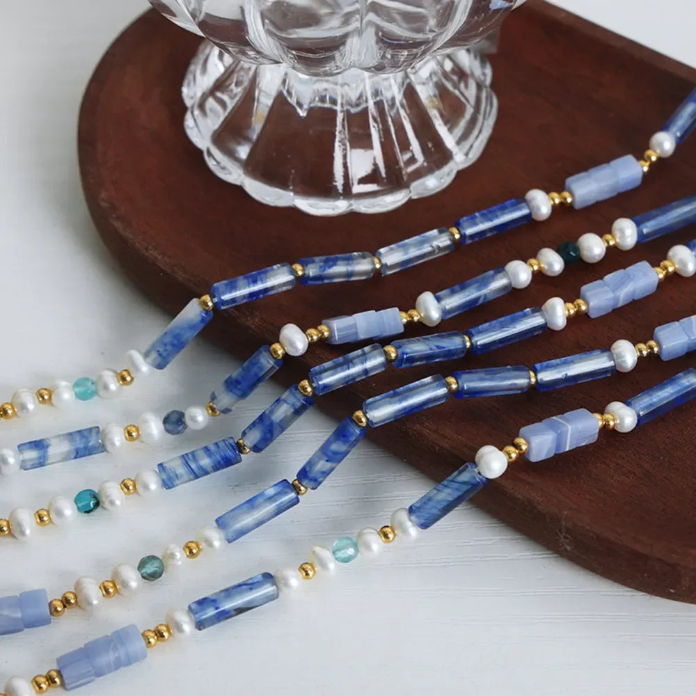 Geometric Pearl Necklace Titanium Steel Blue Chalcedony - Southern Shores Clothing