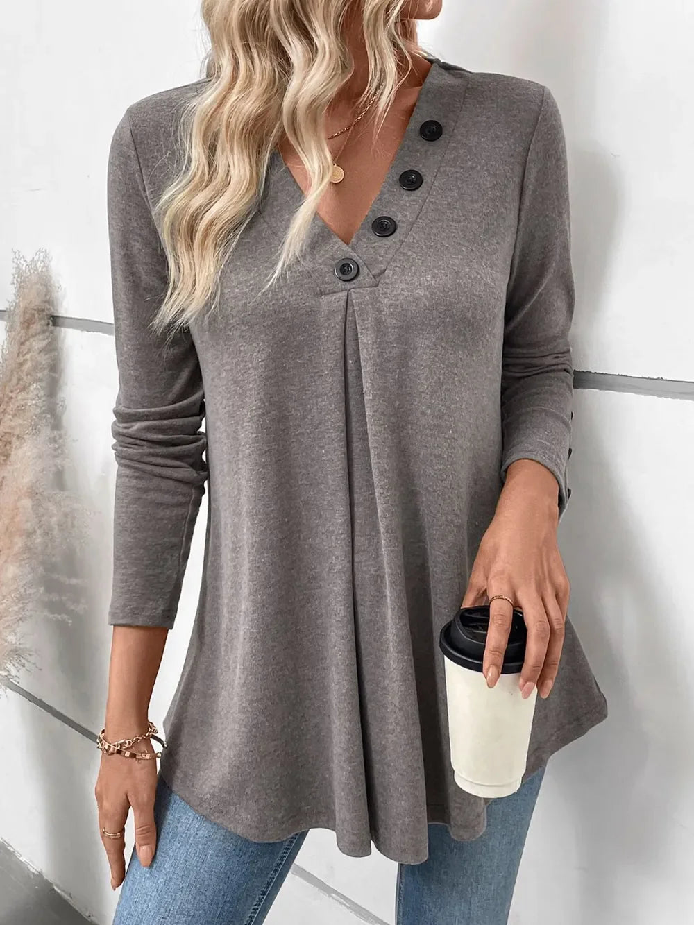 V-Neck Long Sleeve T Shirt With Decorative Button - Southern Shores Clothing