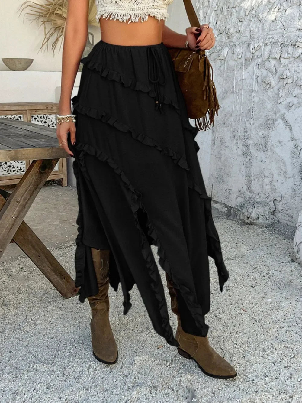 Slit Drawstring Ruffled Skirt With Adjustable Drawstring - Southern Shores Clothing