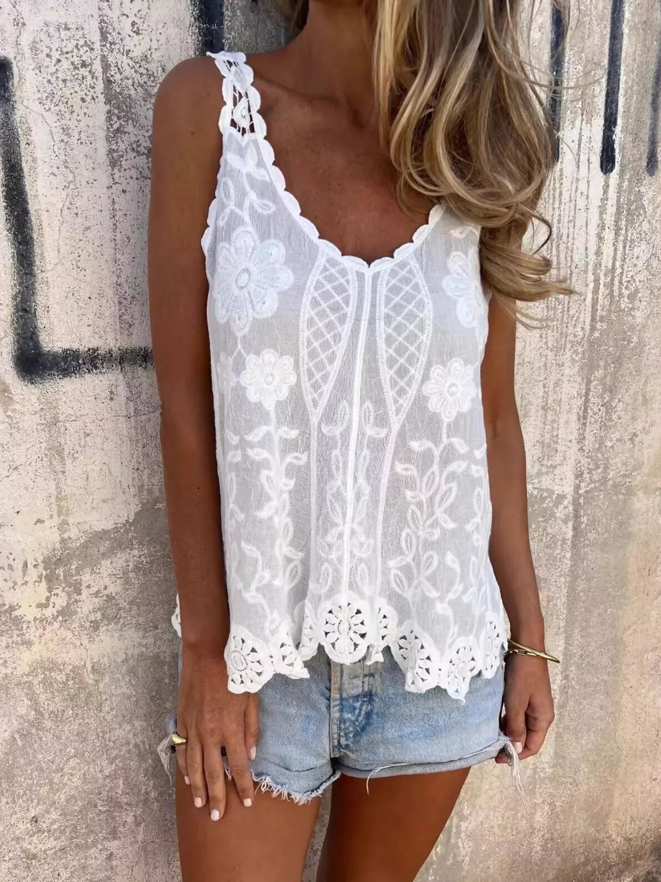 Floral Lace Crochet Trim Tank Top With Delicate Embroidery - Southern Shores Clothing