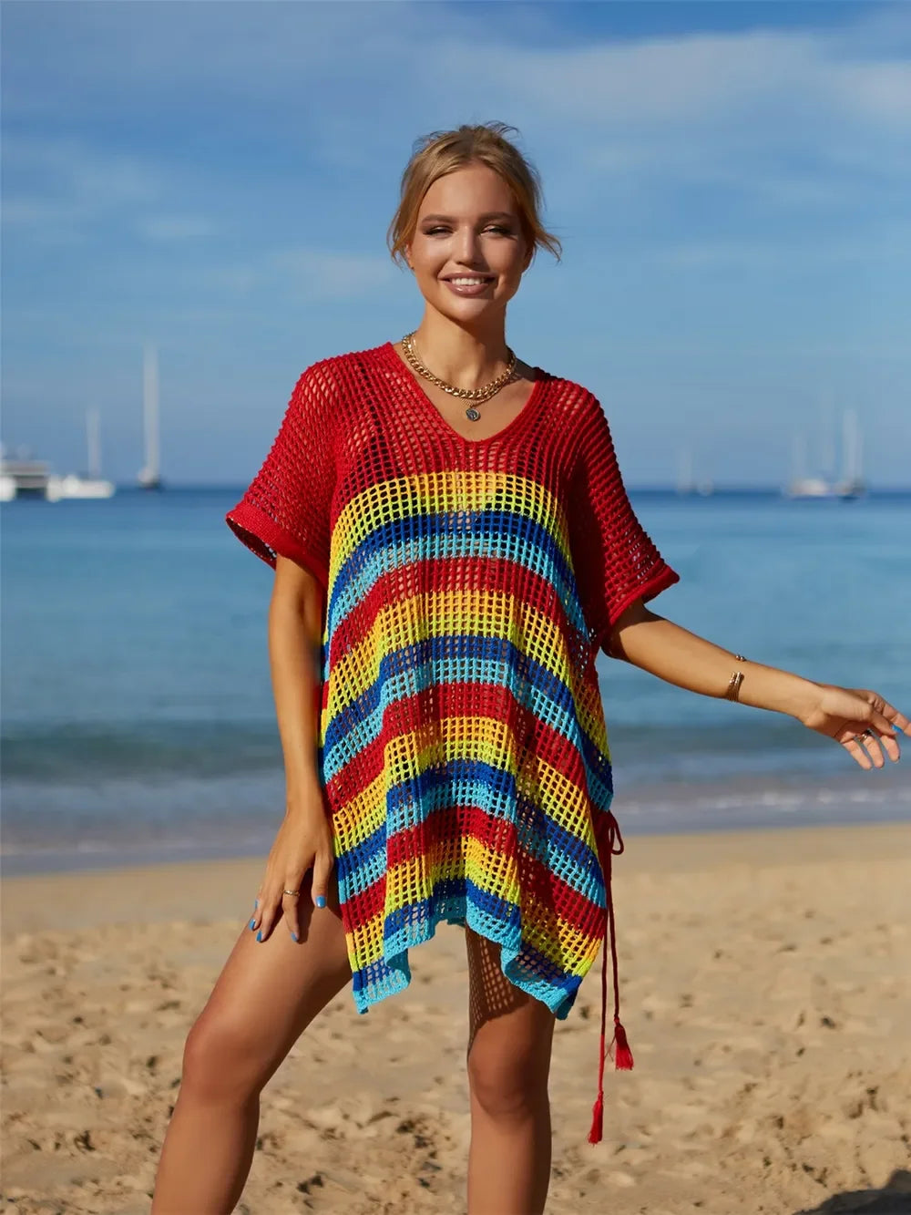 Angel Wings Striped Cutout Cover Up One Size Tassel - Southern Shores Clothing