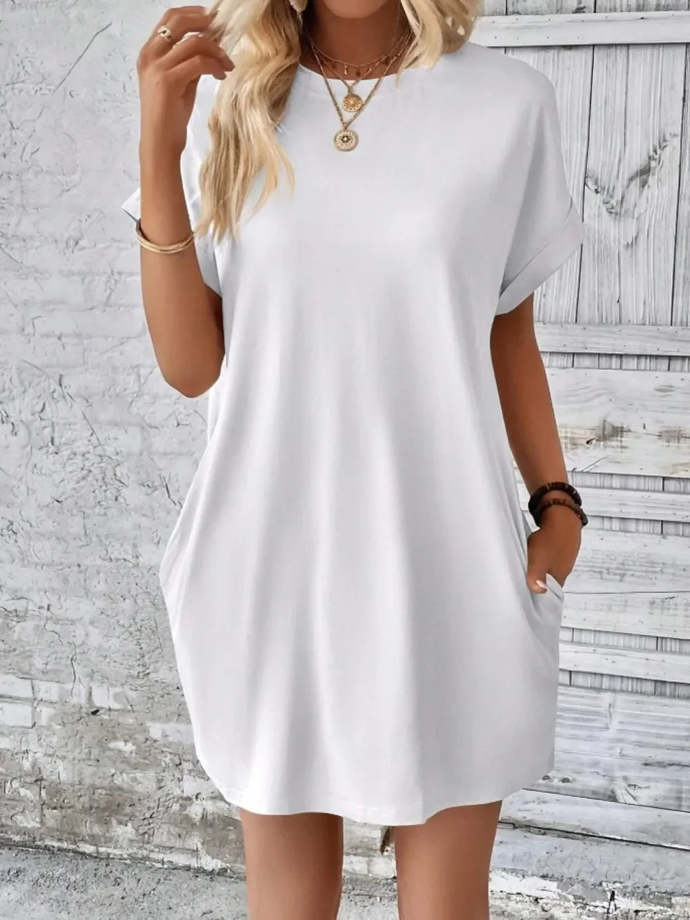 Pocketed Round Neck Short Sleeve Dress - Southern Shores Clothing