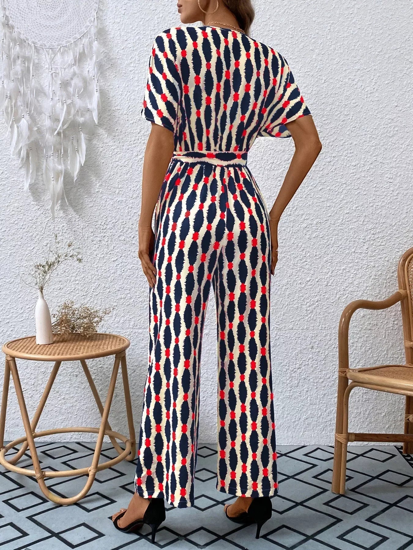 Printed Surplice Tie Waist Short Sleeve Jumpsuit - Southern Shores Clothing