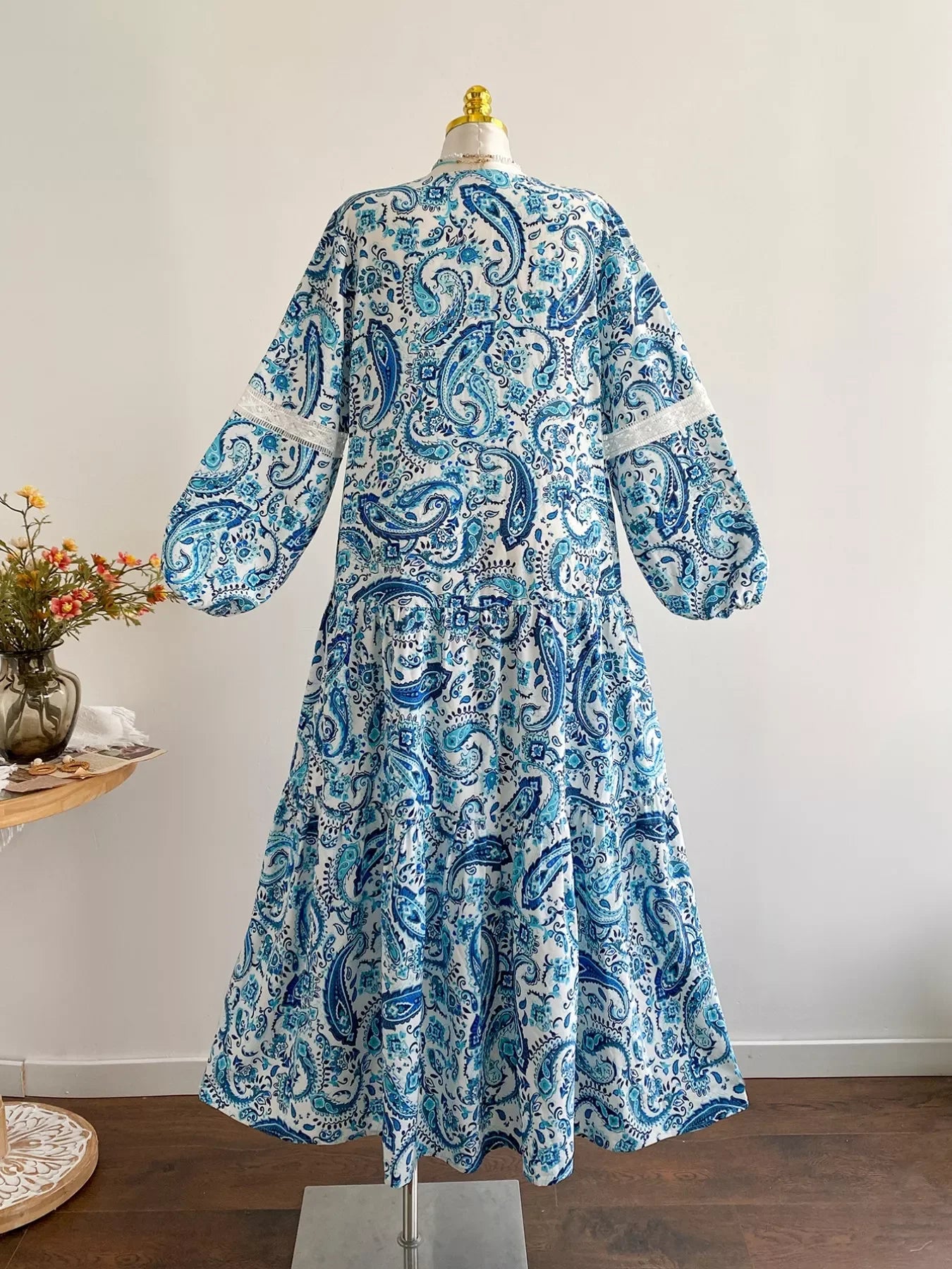 Bohemian Paisley Print V-Neck Dress With Lace And Button - Southern Shores Clothing