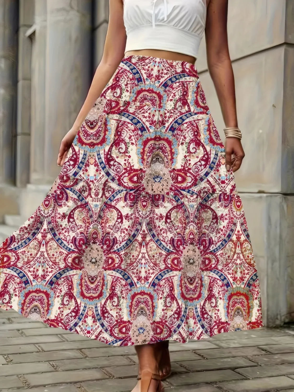 Flowing Smocked Printed High Waist Skirt - Southern Shores Clothing