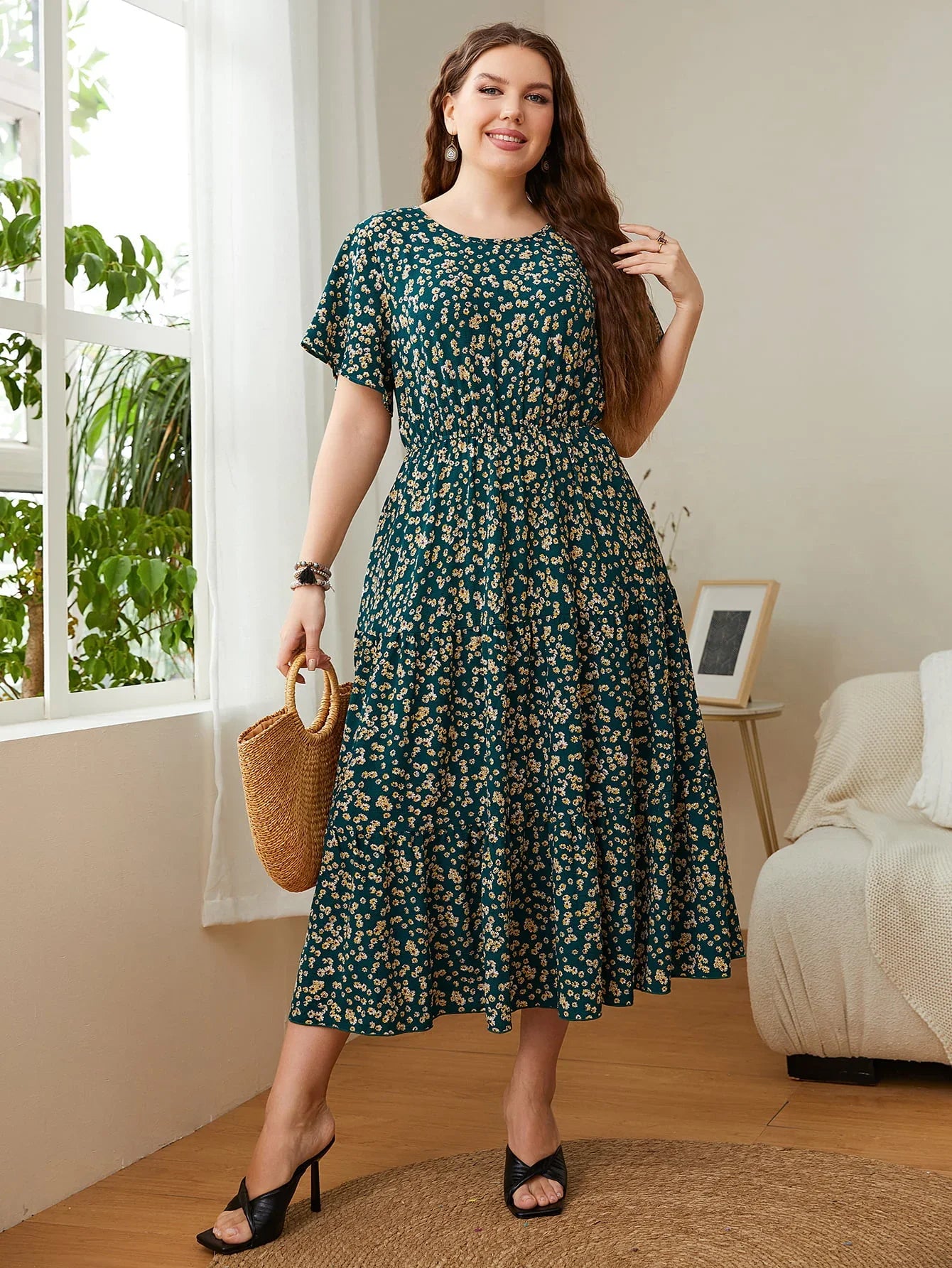 Honey Plus Size Floral Round Neck Short Sleeve Midi Dress - Southern Shores Clothing