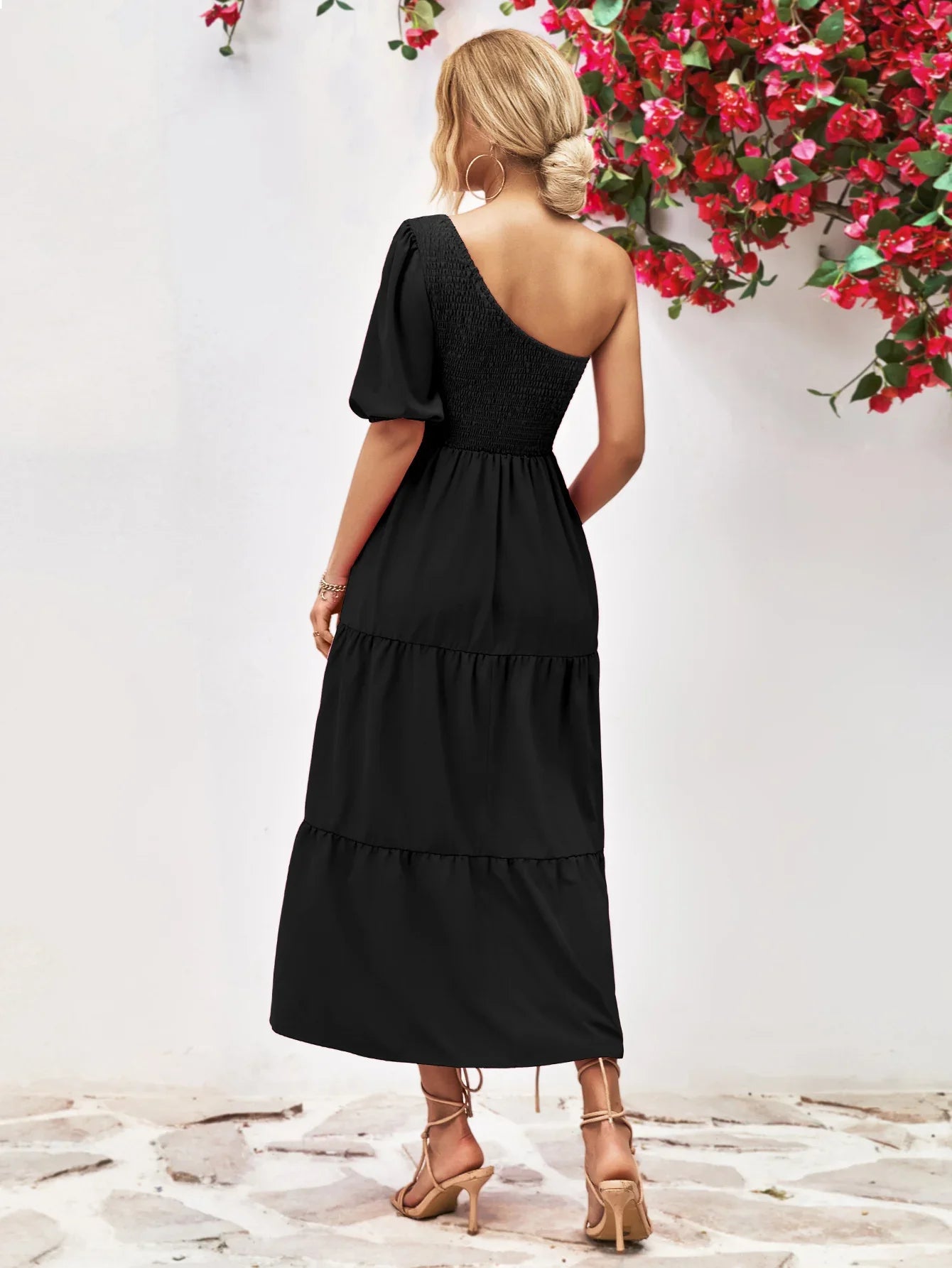Smocked One-Shoulder Midi Dress Silhouette - Southern Shores Clothing