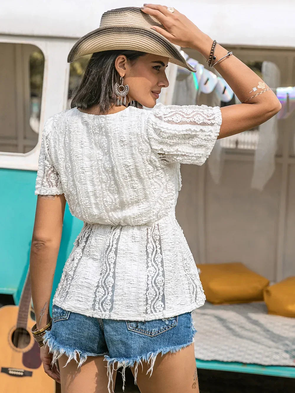 Lace V-Neck Short Sleeve Top With Sheer Panel Detailing - Southern Shores Clothing