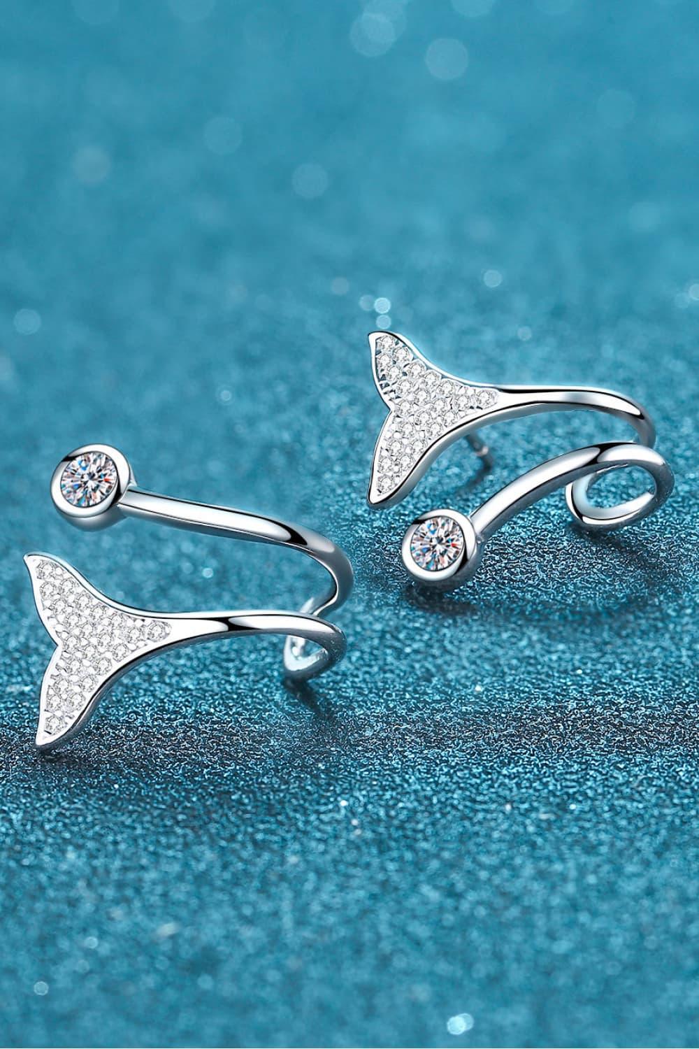 Minimalist Moissanite Fishtail Earrings Rhodium Plated