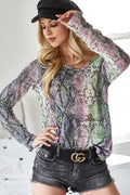 Snakeskin Print Low Gauge Hacci V Neck Knit Top - Southern Shores Clothing