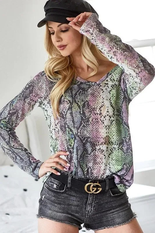 Snakeskin Print Low Gauge Hacci V Neck Knit Top - Southern Shores Clothing