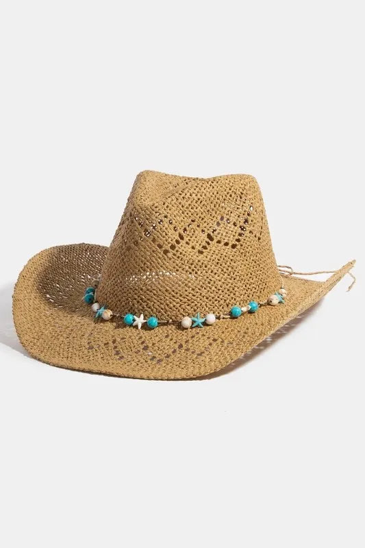 One Size Beaded Shell Strap Western Straw Hat Boho