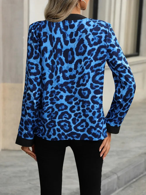 Leopard Print Notched Collar Long Sleeve Polyester Blouse - Southern Shores Clothing
