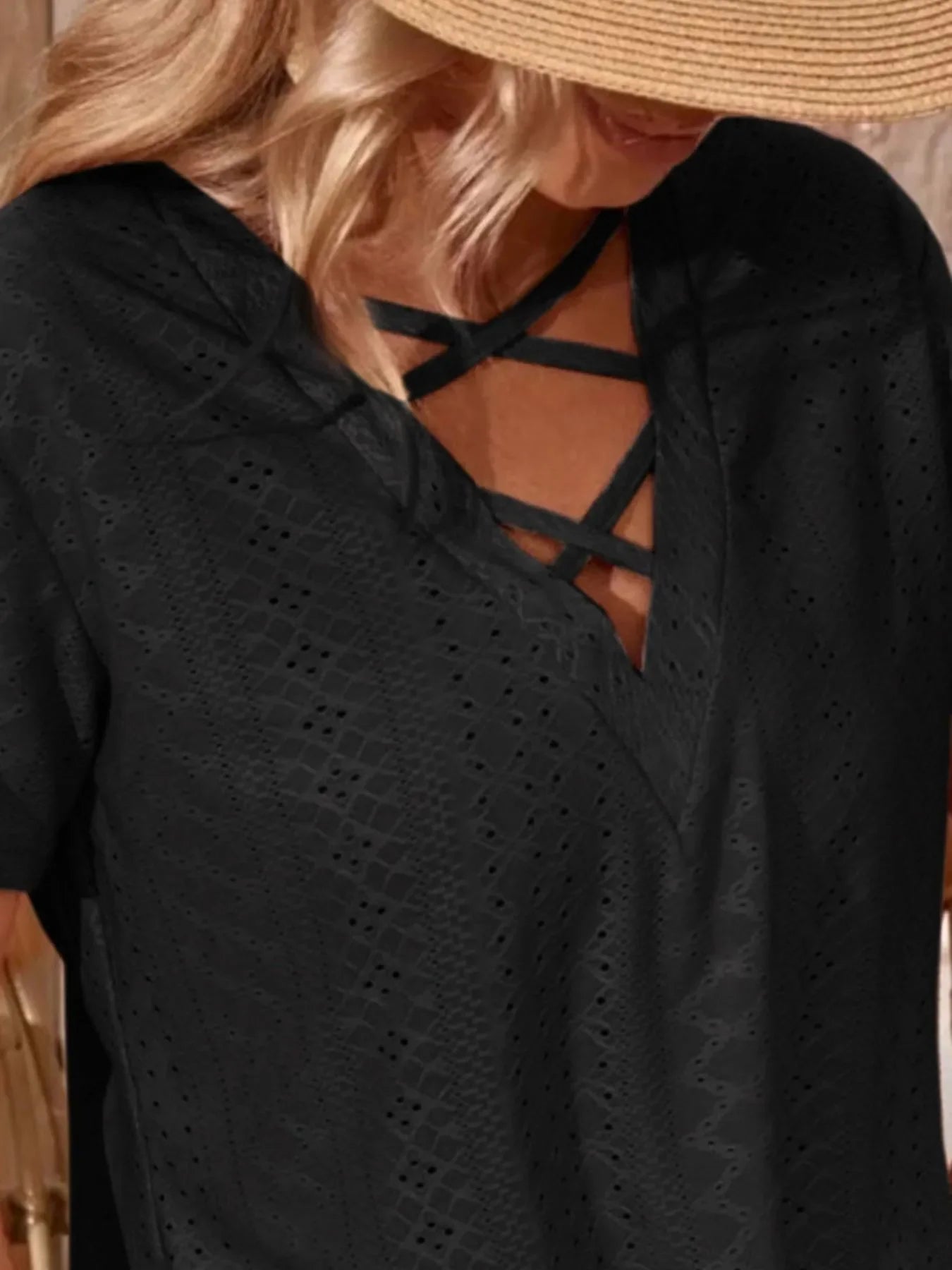 Eyelet Crisscross Short Sleeve T Shirt With Stretch Fabric - Southern Shores Clothing